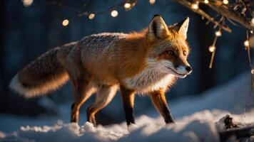 A fox walking through a snowy landscape illuminated by soft lights. photo
