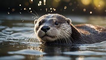 A close-up of an otter swimming, with water droplets splashing around it. photo