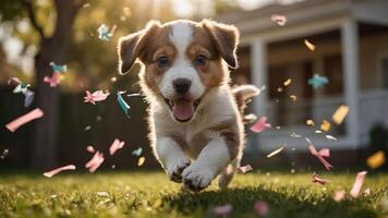 A joyful puppy running through confetti in a sunny backyard. photo