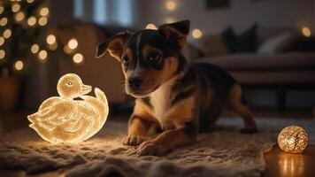 A playful puppy rests beside glowing decorations in a cozy, festive setting. photo