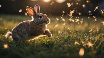 A rabbit leaps through grass, surrounded by sparkling particles in a serene setting. photo