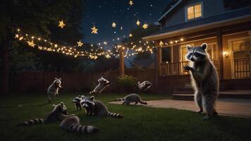 A whimsical night scene featuring raccoons enjoying a backyard under twinkling lights. photo