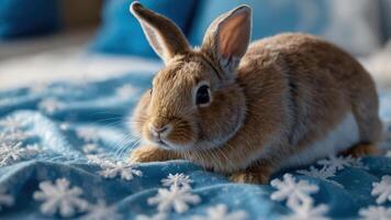 A cute rabbit resting on a blue blanket with snowflake patterns. photo