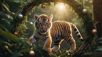 A playful tiger cub exploring a lush, festive forest setting. photo