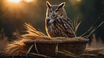 An owl perched in a basket filled with wheat, illuminated by a warm sunset glow. photo