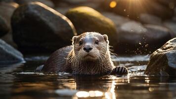 A playful otter emerges from the water, surrounded by rocks and sunlight. photo
