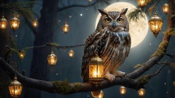 An owl perched on a branch surrounded by lanterns and a full moon in a mystical forest. photo