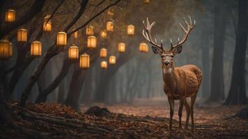 A serene deer stands in a misty forest illuminated by glowing lanterns. photo