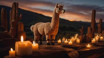 A llama figurine surrounded by candles at sunset, creating a serene atmosphere. photo