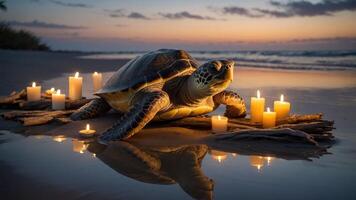 A turtle surrounded by candles on a beach at sunset, creating a serene atmosphere. photo