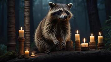 A raccoon sits by candles in a dark forest, creating a mystical atmosphere. photo