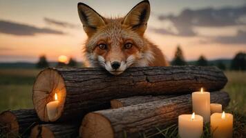 A fox resting on logs with candles at sunset. photo