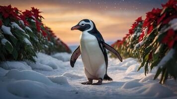 A penguin walking through a snowy path lined with poinsettias at sunset. photo