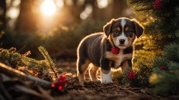 A playful puppy adorned with festive decorations in a sunlit forest setting. photo