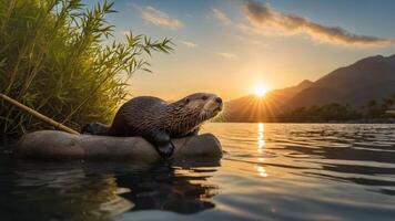 An otter resting on a rock at sunset by a serene lake surrounded by mountains and greenery. photo