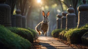 A rabbit leaps joyfully along a stone path in a serene, sunlit garden. photo