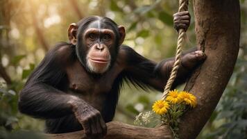 A chimpanzee perched on a tree branch, surrounded by greenery and yellow flowers. photo