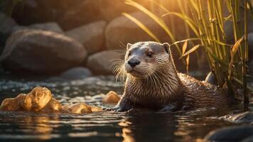 A serene otter in a sunlit pond surrounded by rocks and reeds. photo