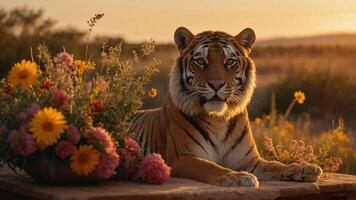 A serene tiger rests beside a vibrant bouquet of flowers during sunset in a natural setting. photo