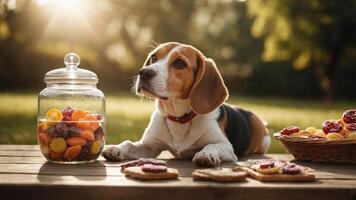 A beagle rests beside a jar of colorful candies and cookies on a sunny outdoor table. photo