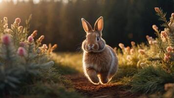 A rabbit joyfully runs through a flower-filled path in a serene natural setting. photo