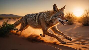 A coyote running through sandy terrain at sunset, showcasing its agility and natural beauty. photo