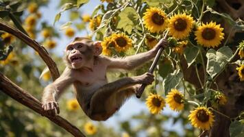 A playful monkey hangs from a branch surrounded by vibrant sunflowers. photo