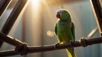 A vibrant green parrot perched on a branch, illuminated by soft sunlight. photo