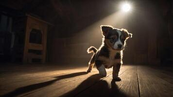 A small puppy exploring a dimly lit space with soft shadows and a spotlight effect. photo