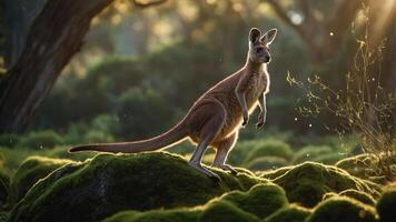 A kangaroo stands on mossy ground, illuminated by soft sunlight in a serene natural setting. photo
