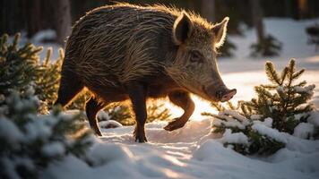 A wild boar walking through a snowy forest, illuminated by soft sunlight. photo