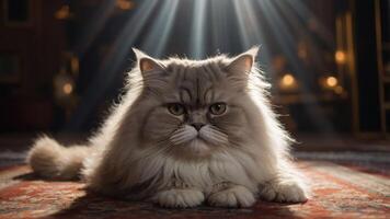 A regal Persian cat lounging on a patterned rug, illuminated by soft beams of light. photo