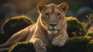 A lioness resting on mossy rocks in a serene natural setting. photo