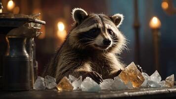 A raccoon sits among colorful crystals, illuminated by candlelight, creating a whimsical scene. photo