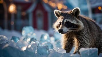 A raccoon stands amidst sparkling ice, highlighting wildlife in a wintery setting. photo