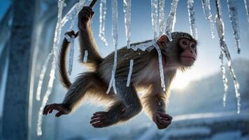 A monkey hanging from icicles, illuminated by sunlight in a wintery landscape. photo