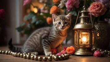 A charming kitten poses beside a lantern and colorful flowers, creating a cozy atmosphere. photo