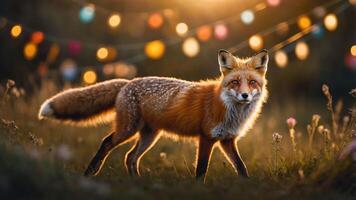 A fox stands in a field with colorful lights in the background during golden hour. photo