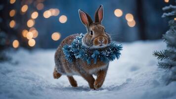 A festive rabbit adorned with a blue wreath runs through a snowy landscape with lights. photo