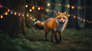 A fox walks through a forest adorned with colorful string lights. photo