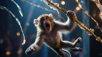 A lively monkey hanging from a branch, expressing excitement in a vibrant setting. photo