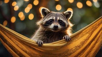 A raccoon peeks out from a draped fabric with soft, glowing lights in the background. photo