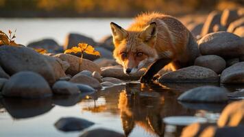 A red fox prowls near a tranquil stream, reflecting its image among smooth stones. photo
