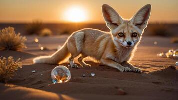 A fennec fox in a desert setting, illuminated by sunset, with bubbles and gems around it. photo