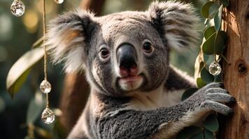 A close-up of a koala resting on a tree branch surrounded by leaves. photo
