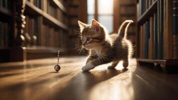 A playful kitten explores a library, captivated by a swinging object. photo