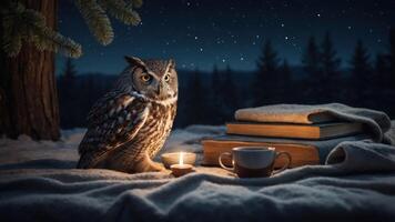 An owl sits beside a candle and books, creating a cozy, nighttime reading atmosphere. photo