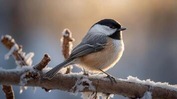 A close-up of a small bird perched on a frosty branch during winter. photo