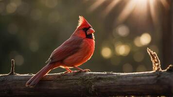 A vibrant cardinal perched on a branch, illuminated by soft sunlight. photo