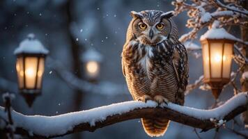 A majestic owl perched on a snow-covered branch, illuminated by vintage lanterns in a winter scene. photo